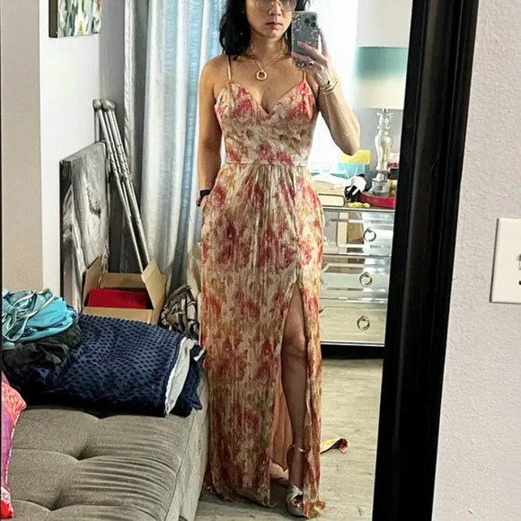 Dress the Population Floral Plisse Maxi Dress XS Metallic Goddess Slip Gown $268 - Picture 8 of 15